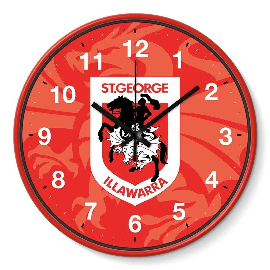 NRL Wall Clock - St George Illawarra Dragons - Plastic - 30cm Diameter-Team Logo