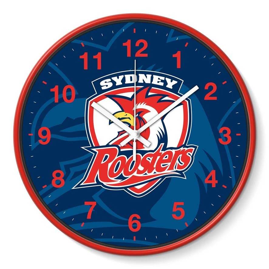 NRL Wall Clock - Sydney Roosters - Plastic - 30cm Diameter - Team Logo - Image 2